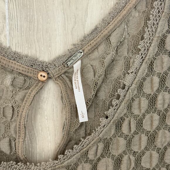 Free People Blouse Size Medium Varsity Lace Peplum Top Boho Chic Romantic Brown - Picture 6 of 14